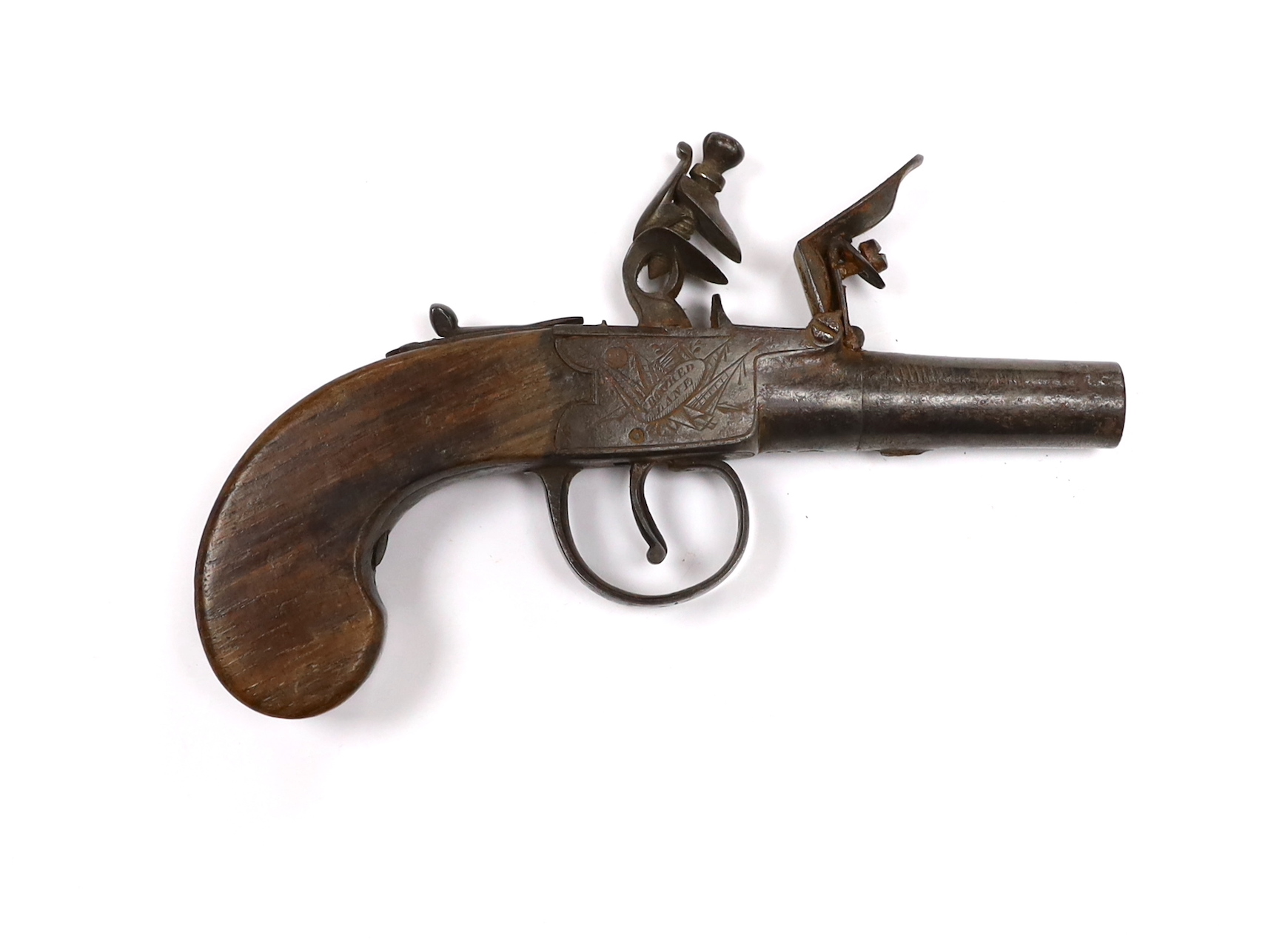 A flintlock pocket pistol, c.1830, frame engraved with trophies of flags, maker Stevens, Crooked Lane